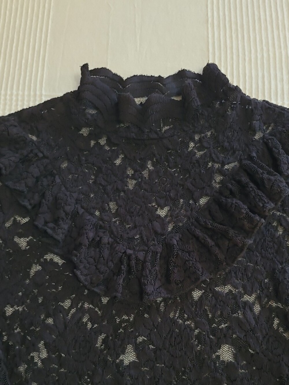 Black Sheer Floral Lace Mock Neck Ruffle V-Chest Blouse S